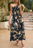 Print Floral Elegant Slash Shoulder Shirrred Casual A-Line Long Dress