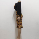Sexy Contrast Leopard Printed Long Sleeve Tie Neck Midi Dress