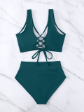 Solid Twist Lace Up Back Sexy Btwo Pieces Swimwear