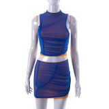 Mesh Overlay Contrast Color Ruched Crop Tank Top Bodycon Skirt 2PCS Set