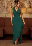 Solid Halter Neck Sexy Low Back Ruffles Maxi Dress
