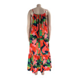 Plus Size Print Cami Ruffles Loose Long Dress(without belt)