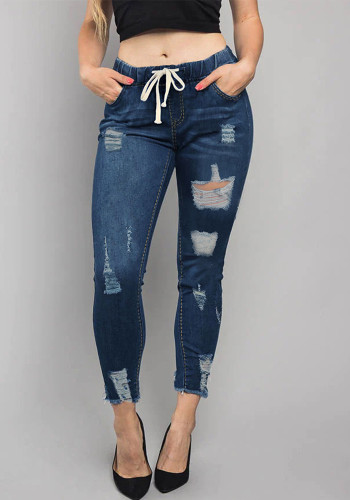 Elastic Waist Ripped Tight Denim Pants Jeans for Women