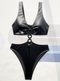 Black PU Leather O-Ring Sexy Bikini Swimsuit
