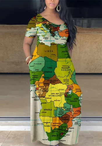 Casual Map Print Short Sleeve Maxi Dress