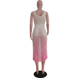 Casual Gradient Knitting Hollow Out Sleeveless Slit Beach Dress