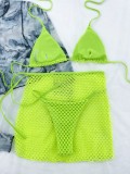 Solid Three-Piece Swimwear Fishnet Cover-Up Skirt with Bikini Set