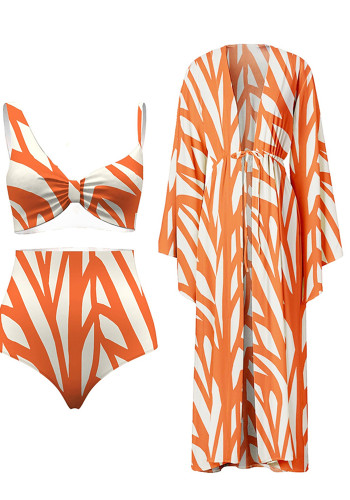 Fashion Swimwear Striped High Waisted Swimsuit with Cover Up Sun Protection Robe +Pants Set