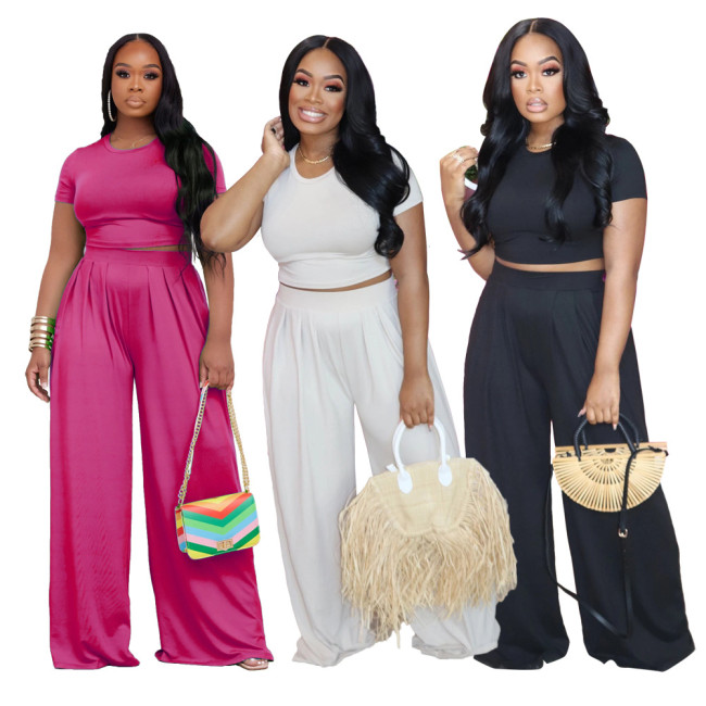 Plus Size Solid 2PCS Set Casual Short Sleeve Crop Top & Wide Leg Pants