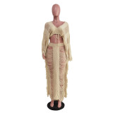 Knit Beachwear Two Piece Hollow Out Long Sleeve Top and Long Skirt Set