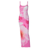 Sexy Floral Print Holiday U-Neck Back Slit Cami Maxi Dress