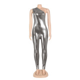 Sexy Sleeveless One Shoulder Shiny Bodycon Jumpsuit