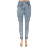 Trendy Style Ripped Buckle Stretch Denim Pants