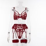 Floral Lace See-Through Thin Sexy Garter 3PCS Lingerie Set