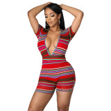 Multi-Color Striped Fashion Sexy Deep-V Short Sleeve Rompers