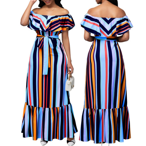 Sexy Striped Print Off Shoulder Ruffle Tie Waist Maxi Dress