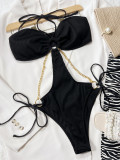 Black One Piece Bikini Sexy Ribbed Chain Swimsuit