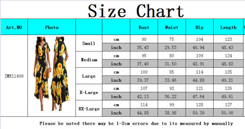 Sexy Sunflower Print Short Sleeve V-Neck Ruffle Long Dress