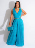 Solid Sleeveless V-Neck Pleated Wide Leg Jumpsuit with Belt