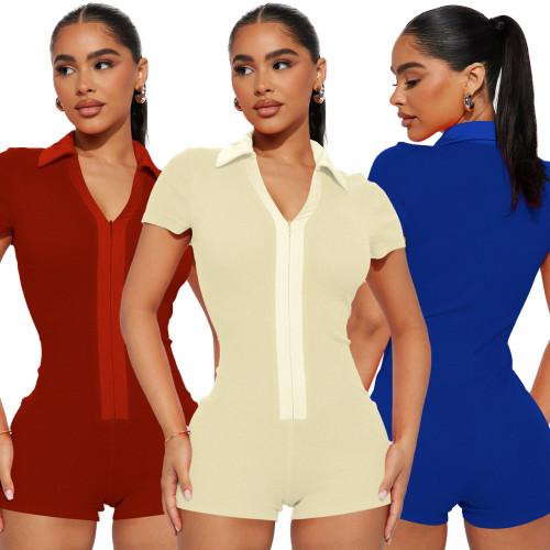 Sexy Solid Turndown Collar Short Sleeve Zipper Ribbed Rompers