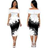 Sexy Off Shoulder White and Black Print Office Dress