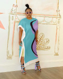 Ladies Print Contrast Color Round Neck Asymmetric Long Dress
