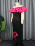 Contrast Off Shoulder Elegant High Waist Floral Bodycon Maxi Dress