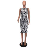Trendy Zebra Print Sleeveless Hollowed Bodycon Dress