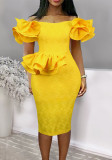 Yellow Lace Ruffles Off Shoulder Sleeveless Party Dresses