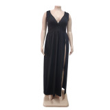 Plus Size Black Sexy Slit V-Neck Maxi Dress