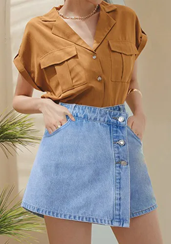 Blue Button Slit Denim Shorts