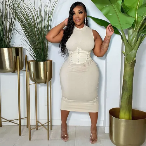 Sexy Rhinestone Sleeveless PU Patchwork Midi Bodycon Dress