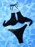 Black Metal Chain Sexy Bikini Two Pieces Swimwear