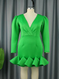 Green V-Neck Ruffle Puff Sleeve Plus Size Party Dress