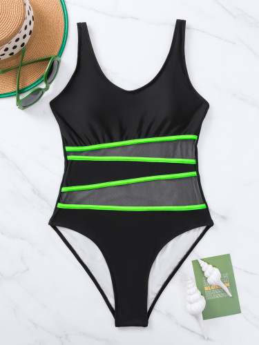 Sexy Mesh Insert Contrast One Piece Swimsuit
