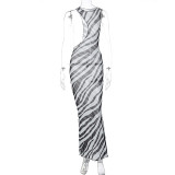 Zebra Print Sexy Mesh See-Through Cutout Sleeveless Bodycon Maxi Dress