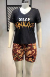 Plus Size Short Sleeve Positioning Print Ripped Casual 2PCS Set