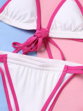 Contrast Binding Lace-Up Triangle Bikini Set