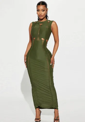 Summer Solid Hollow Out Bodycon Sleeveless Long Dress