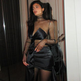 Black Sexy Mesh Patchwork See-Through Long Sleeve Ruched Bodycon Dress