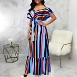 Sexy Striped Print Off Shoulder Ruffle Tie Waist Maxi Dress
