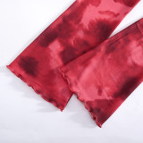 Ruffle Long Sleeve Lace-Up Mesh Patchwork Print Bodycon Dress