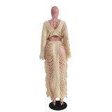 Knit Beachwear Two Piece Hollow Out Long Sleeve Top and Long Skirt Set