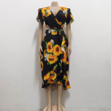 Sexy Sunflower Print Short Sleeve V-Neck Ruffle Long Dress