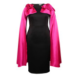 Cape Sleeve Contrast Bow Trim Extra Long Sleeve Plus Size Party Dresses