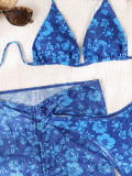 Floral Triangle Halter Bikini Set with Skirt Cover-Up Three-Piece Swimwear