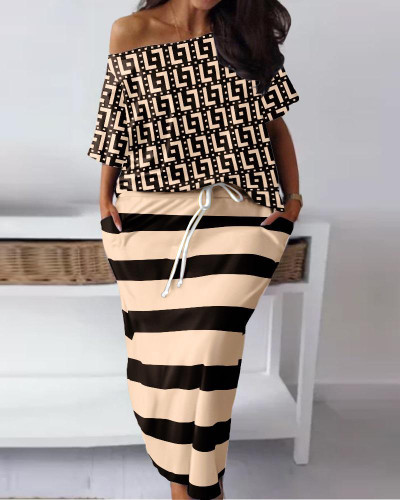 Women's Casual Print Slash Shoulder Short Sleeve T-Shirt + Skirt Set