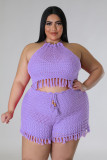 Plus Size Fringe Hollow Out Knitting Casual Two-Piece Shorts Set