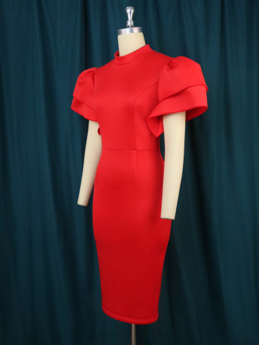 Red Mock Bell Bottom Sleeve Bodycon Party Dress