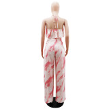 Tie Dye Halter Low Back Crop Top Loose Print Pants 2PCS Set